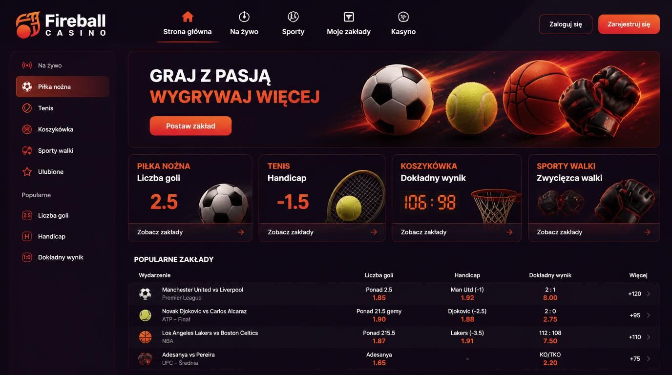 Interfejs zakładów z rynkami: gole, handicapy, wynik dokładny