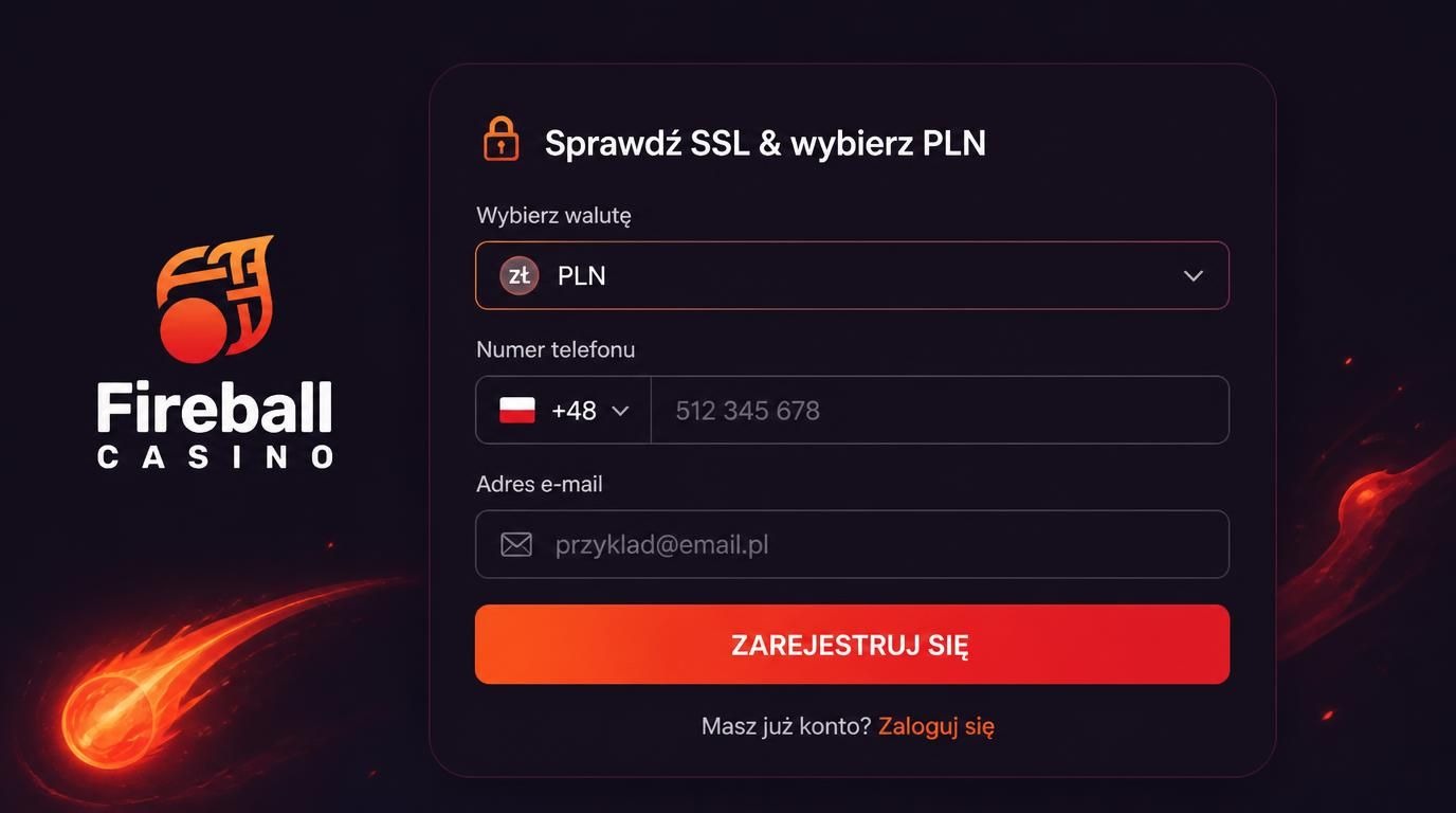 formularz rejestracji kasyna z widocznym SSL i wyborem PLN