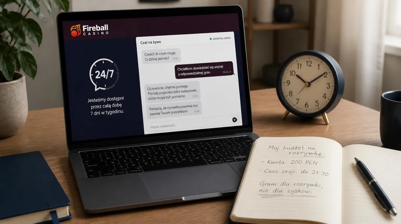 Laptop z otwartym czatem wsparcia 24/7 obok zegara i notesu z budżetem rozrywkowym