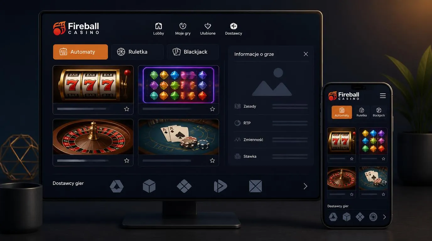 Lobby kasyna z kategoriami automatów, ruletki i blackjacka oraz panelem parametrów gry na komputerze i telefonie