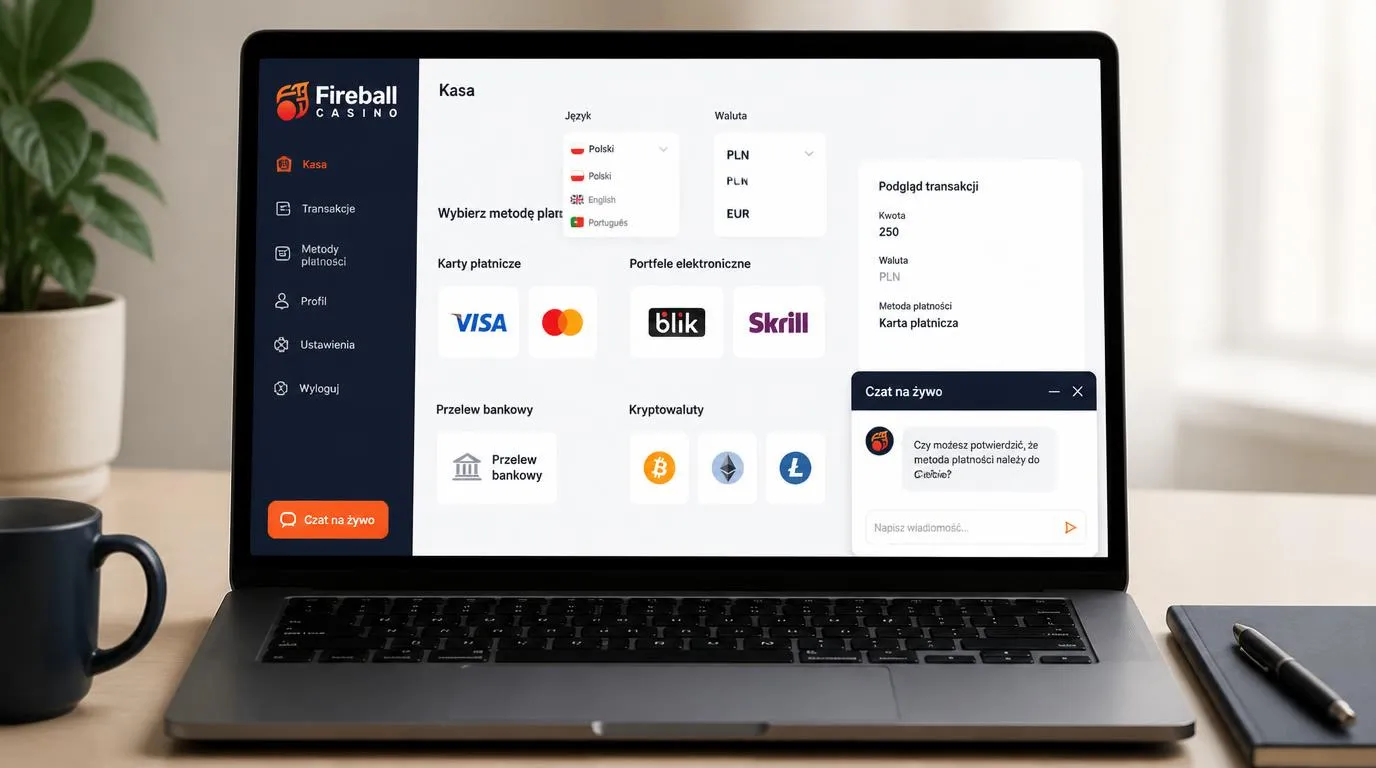 Panel kasy z wyborem PLN i EUR, trzema językami oraz przyciskiem czatu na żywo