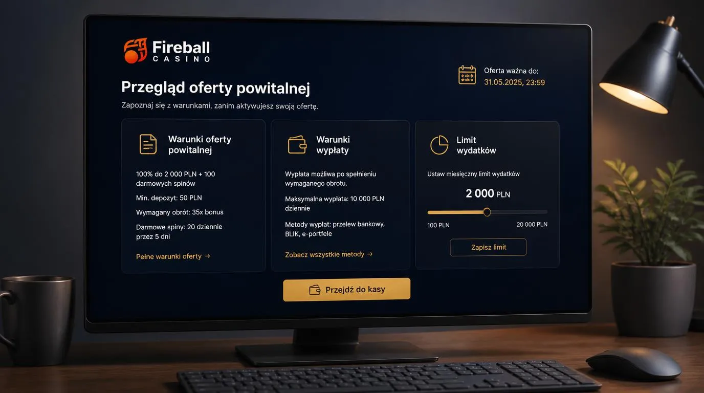 Panel oferty kasyna z warunkami bonusu, limitem wydatków i przyciskiem przejścia do kasy
